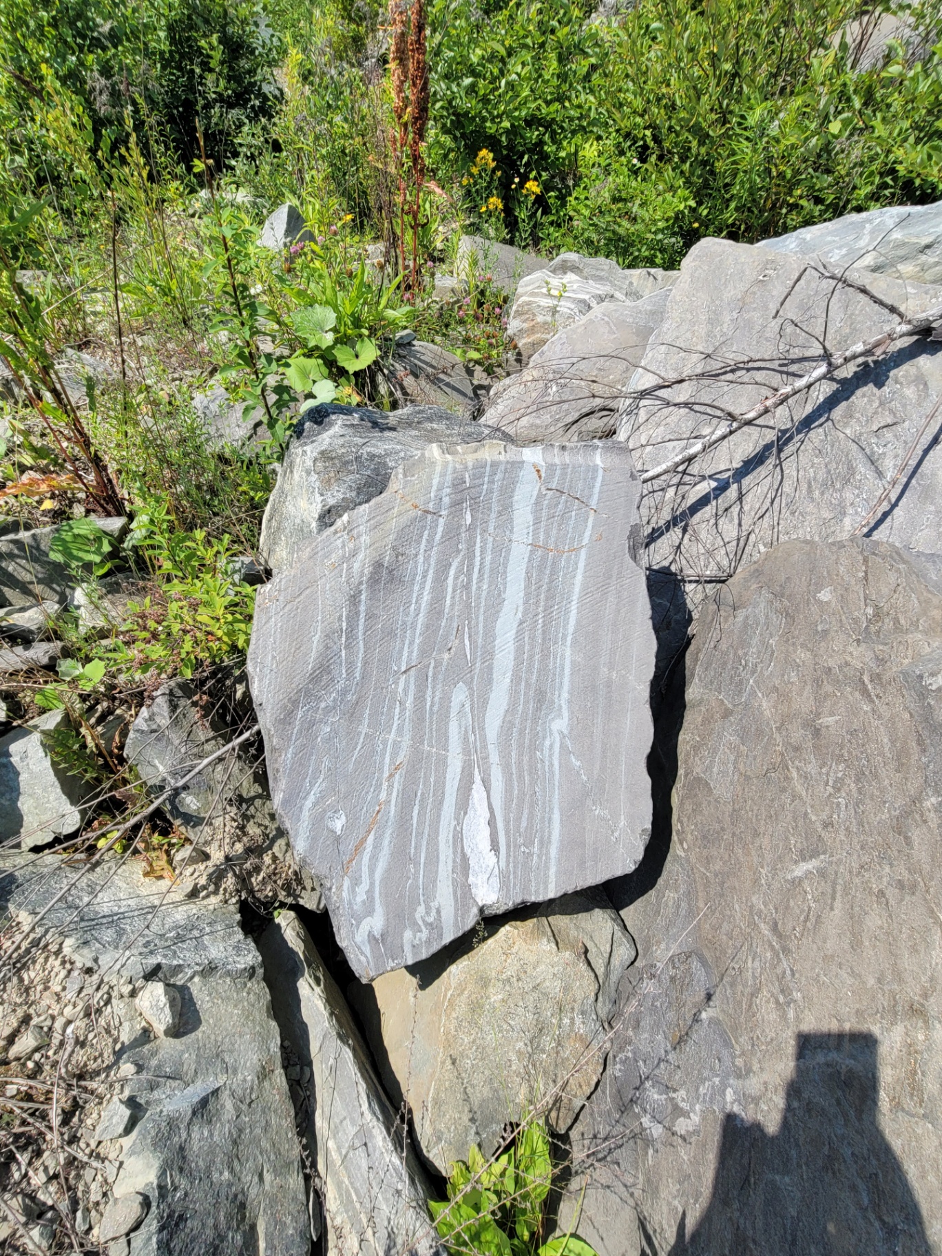 Banded grey and white striped stone slab